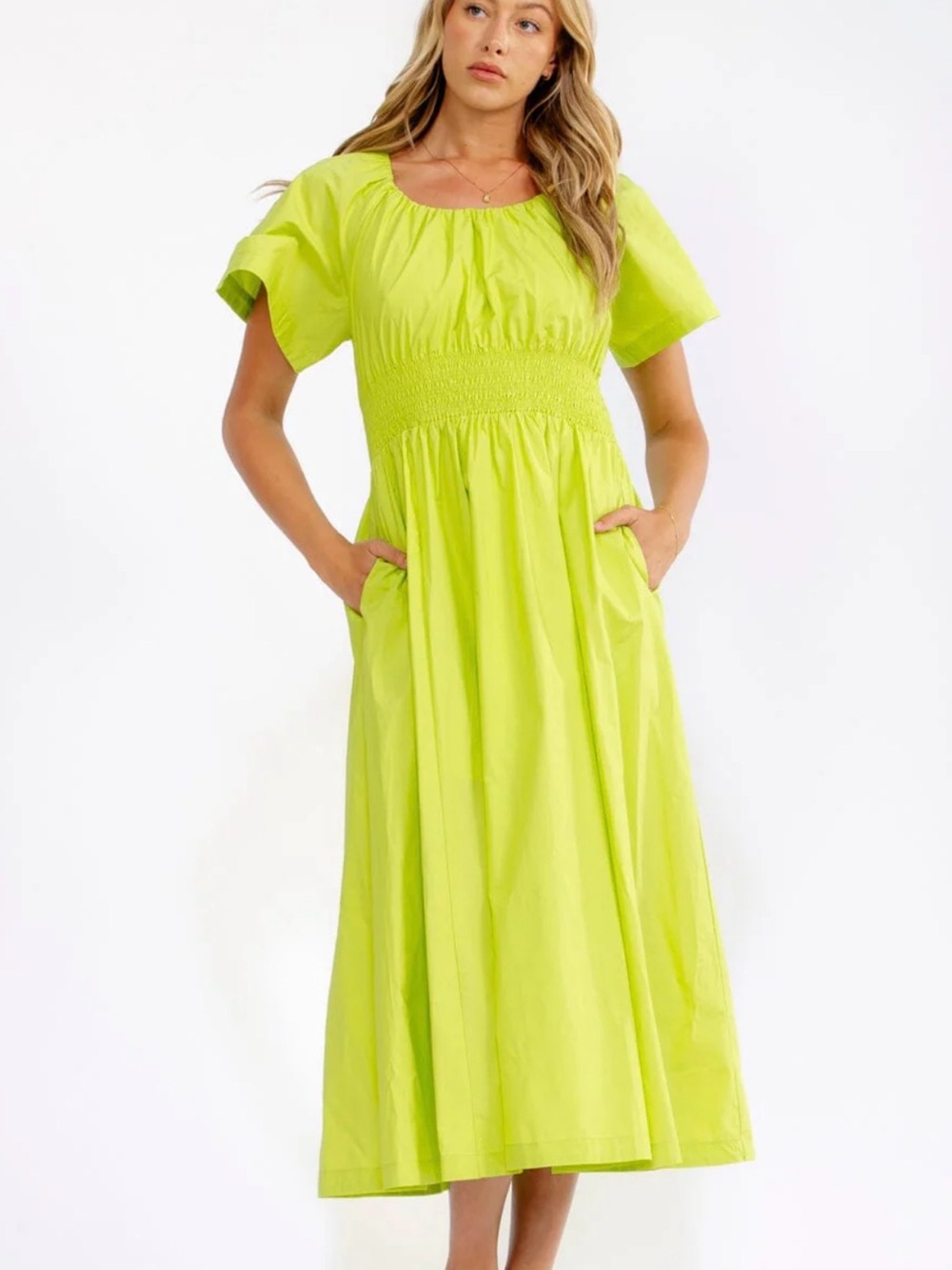 WOMEN'S SHORT SLEEVE SMOCK WAIST BACK TIE FRONT POCKETS MAXI DRESS - Picture 3 of 5